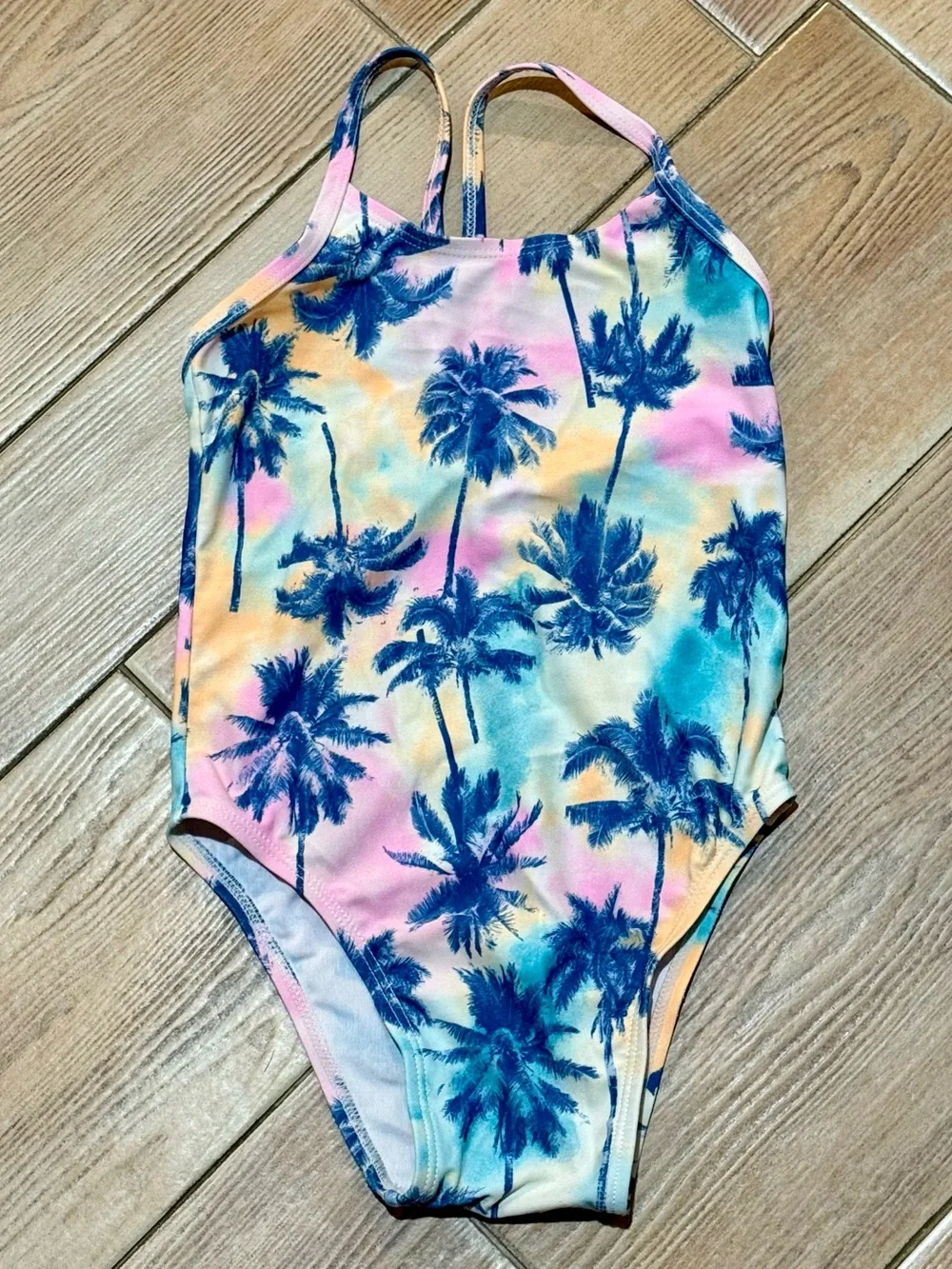 Old Navy Girls One-Piece Swimsuit - Blue Palm Print on Pastel